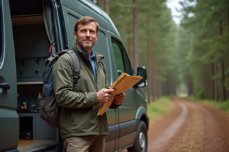 Homme en plein air avec van en forêt et carte
