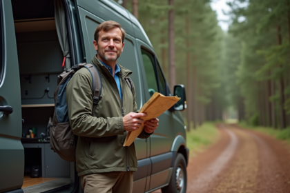 Homme en plein air avec van en forêt et carte
