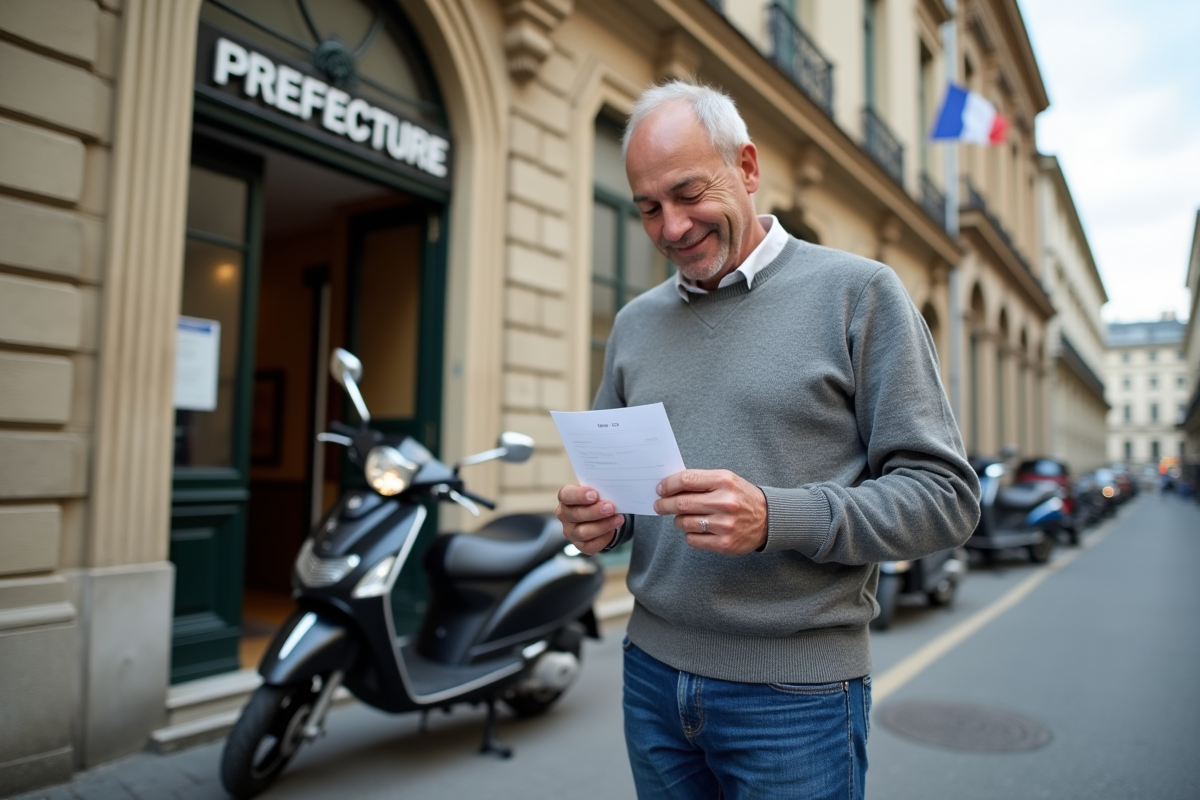 Homme avec carte grise devant la préfecture et scooter noir