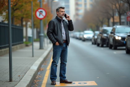 Homme d'âge moyen au téléphone près d'une place de parking vide