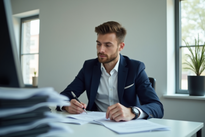 Homme en blazer bleu remplit documents de voiture