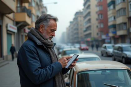 Homme d'âge moyen près d'une vieille voiture diesel en ville