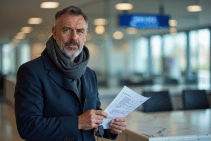 Homme d'âge moyen dans un hall français tenant un document