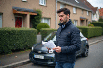 Homme d'âge moyen examine ses papiers d'assurance voiture devant sa maison