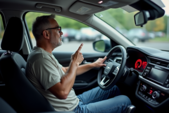 Homme inquiet pointant un symbole d'alerte sur le tableau de bord