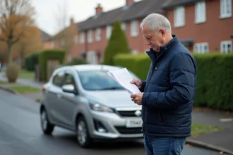Homme d'âge moyen avec documents voiture en main