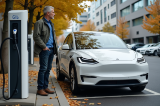Homme d'âge moyen à côté d'une voiture électrique moderne
