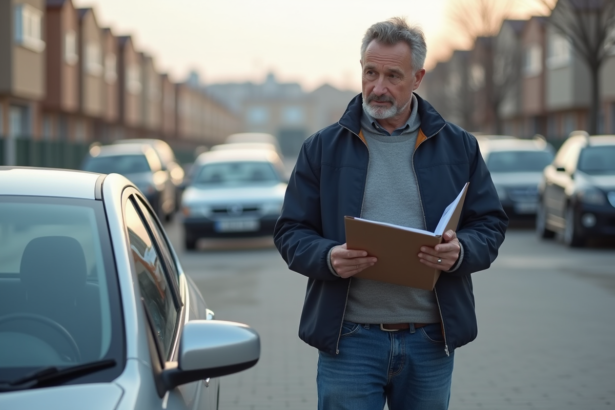 Homme d'âge moyen à côté de sa voiture en lisant un document