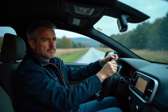 Homme d'âge moyen dans une voiture moderne la nuit