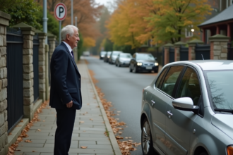 Homme d affaires à côté d une voiture devant une grille résidentielle