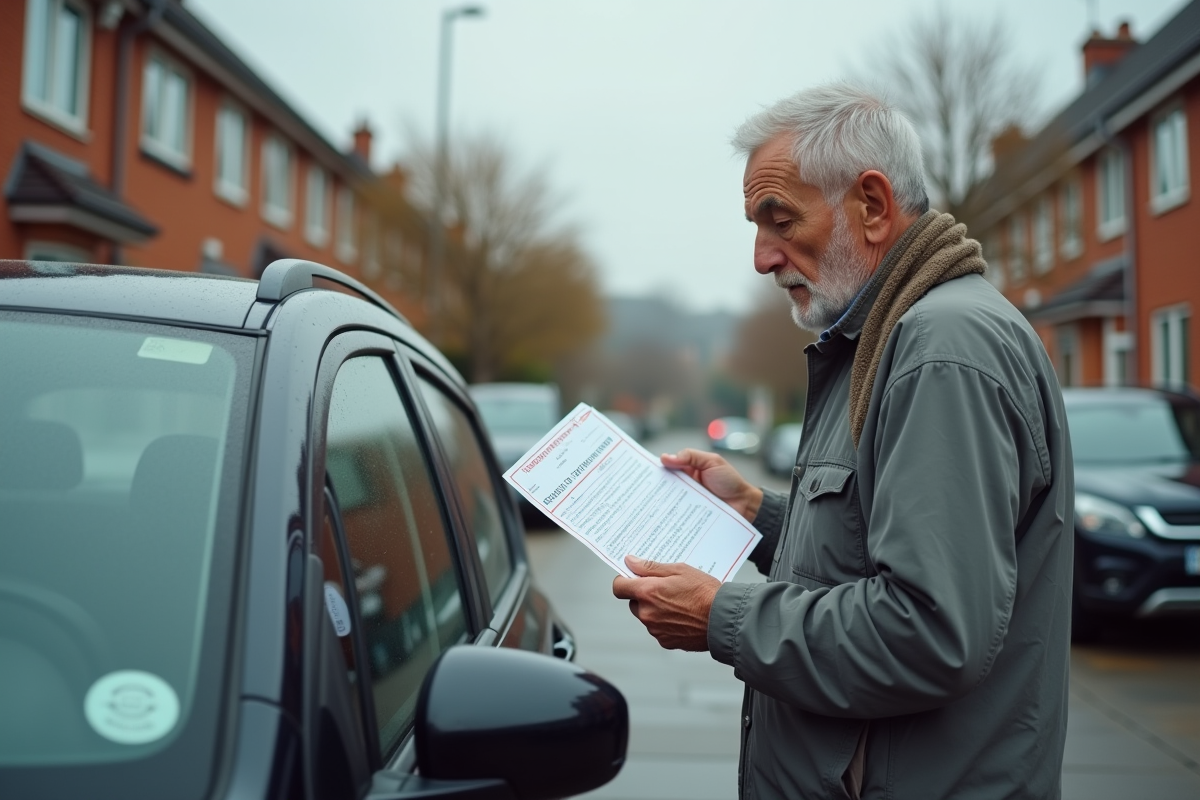 Homme age inspecte certificat de voiture dans parking