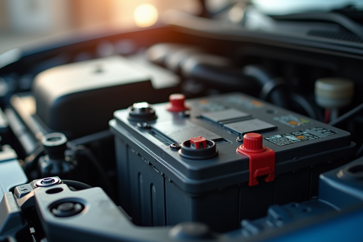 Détail d une nouvelle batterie dans le compartiment moteur
