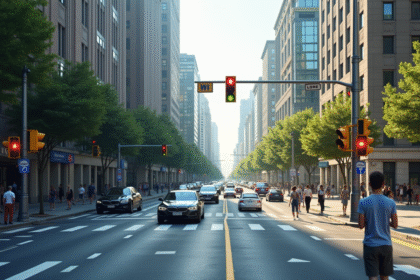 Intersection urbaine moderne en journée avec voitures et piétons