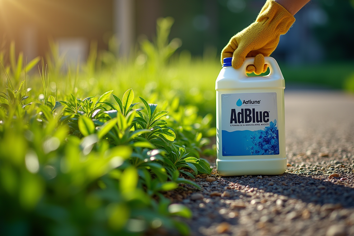 Main en gant de jardinage tenant un container d AdBlue près de mauvaises herbes