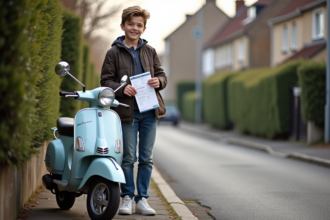 Adolescent souriant avec moped et permis en main