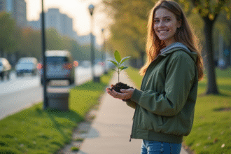 Jeune femme avec un jeune arbre dans un parc urbain
