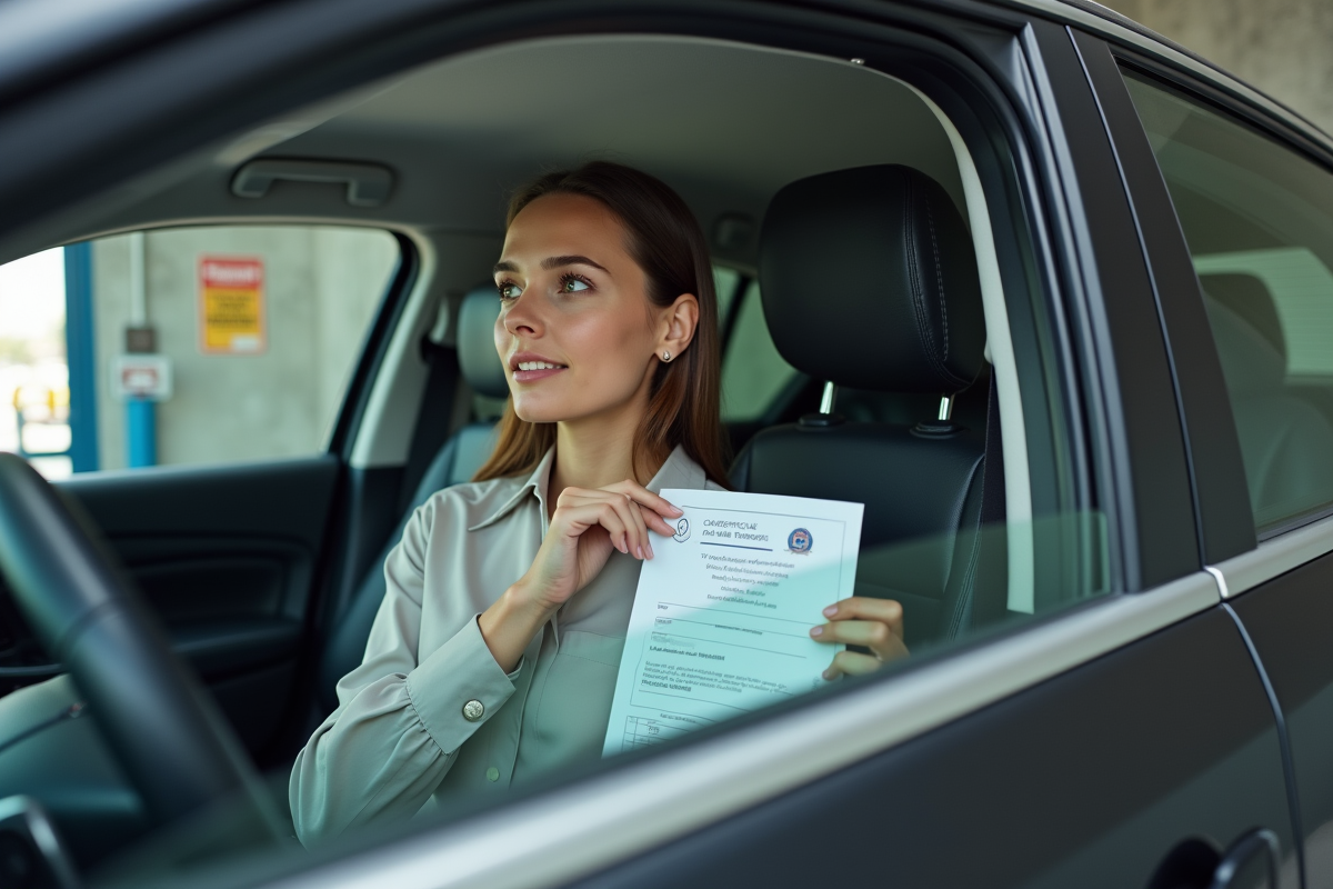 Femme souriante tenant un certificat de contrôle technique dans la voiture