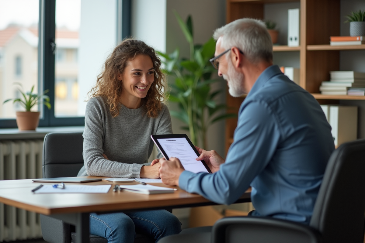 Jeune femme et conseiller regardant une tablette