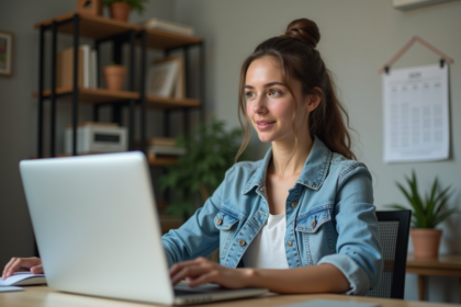 Jeune femme en denim travaillant sur son ordinateur à domicile