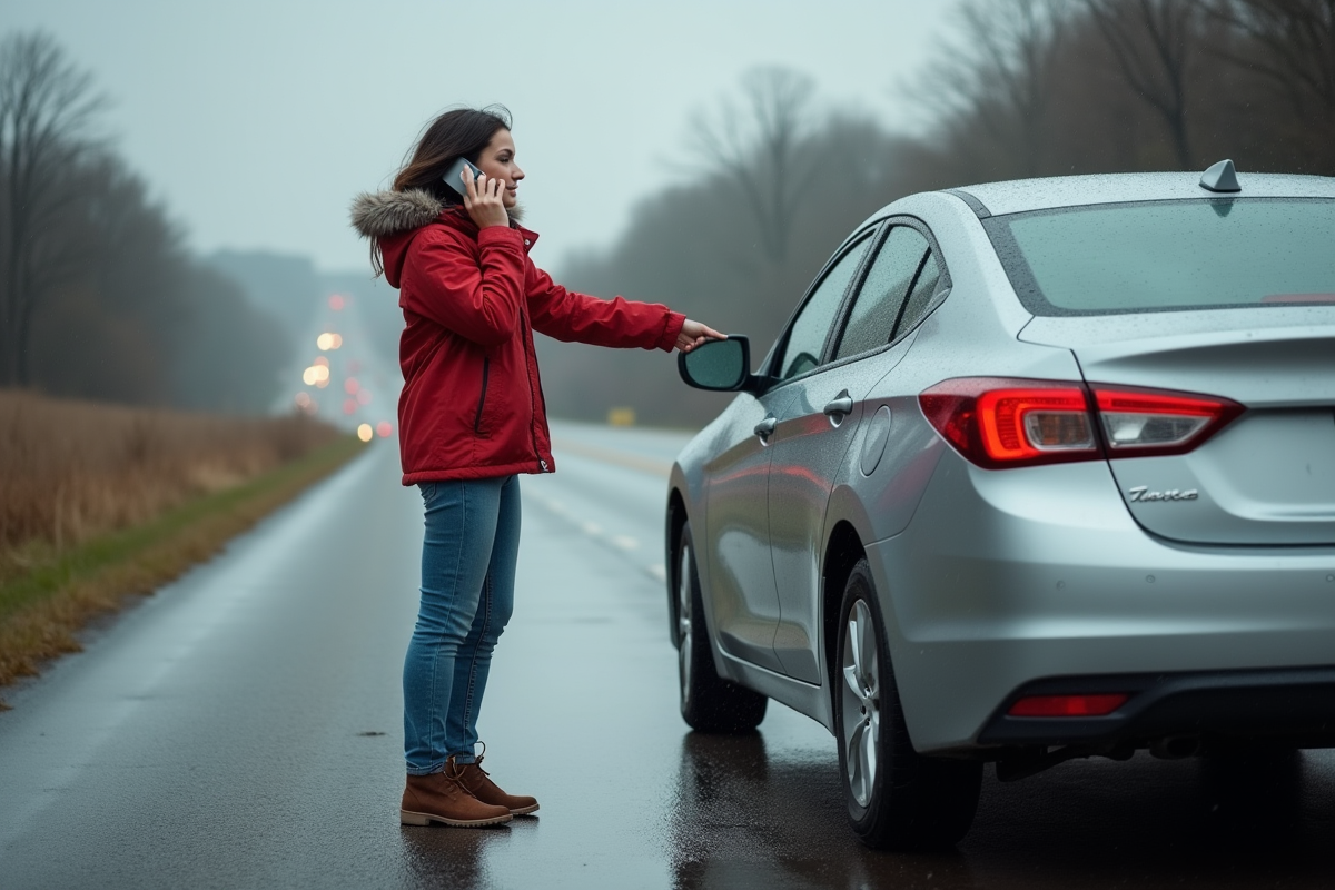 Jeune femme avec pneu crevé sur route mouillée en discutant