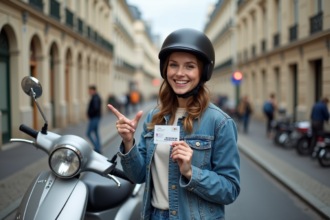 Jeune femme souriante avec permis scooter à Paris