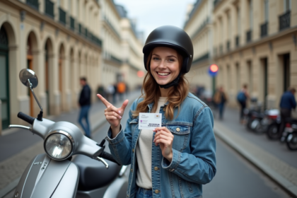 Jeune femme souriante avec permis scooter à Paris