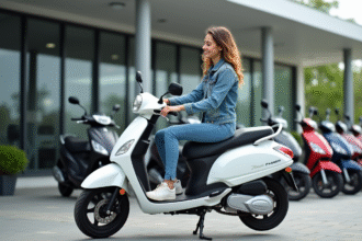 Jeune femme souriante avec scooter en concession