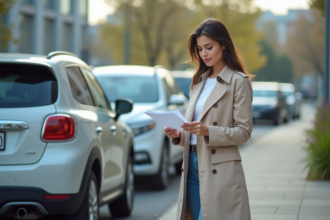 Jeune femme en trench et jeans près d'une voiture en ville