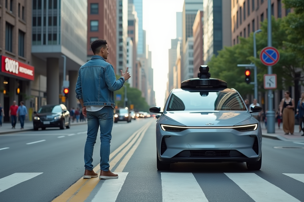 Jeune homme anxieux près d une voiture autonome en ville