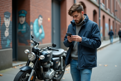 Jeune homme avec moto et smartphone en ville