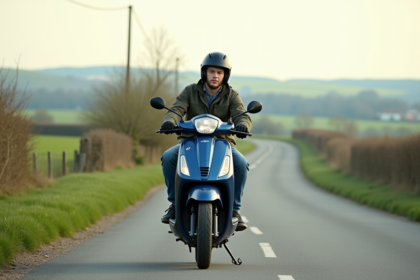Jeune homme en scooter bleu sur route de campagne