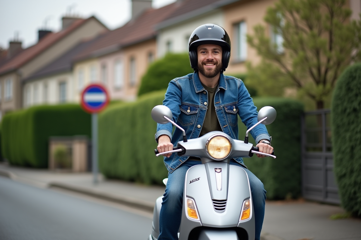 Jeune homme en denim et casque sur scooter en banlieue
