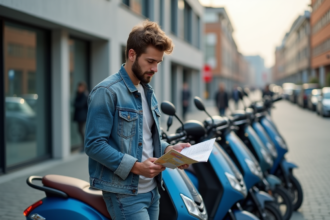 Jeune homme examine des scooters en ville