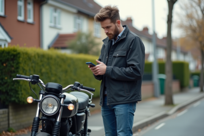 Jeune homme vérifiant son smartphone près d'une moto urbaine
