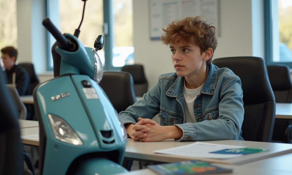 Jeune en classe de conduite avec scooter et documents BSR