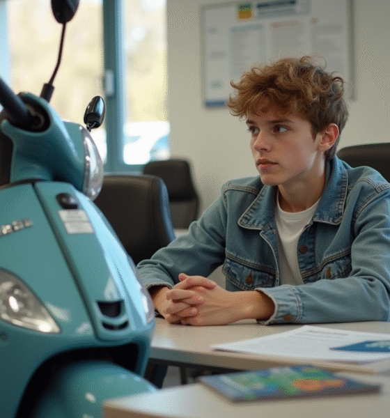 Jeune en classe de conduite avec scooter et documents BSR