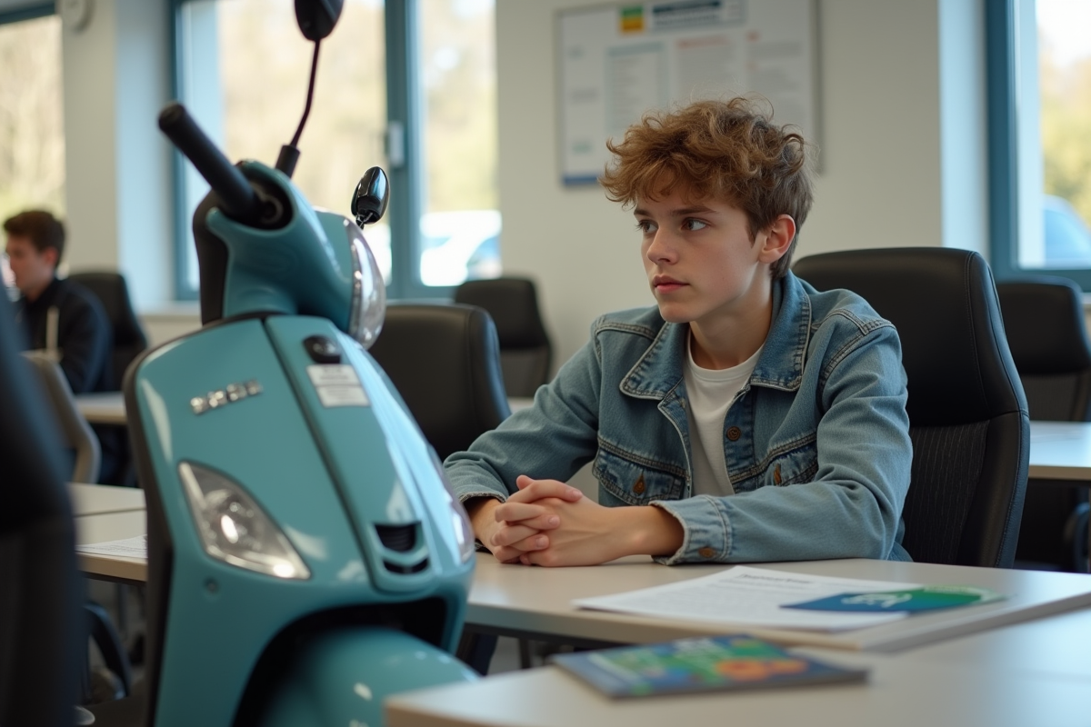 Jeune en classe de conduite avec scooter et documents BSR