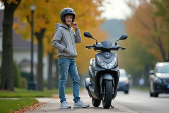 Adolescent souriant avec casque et scooter moderne