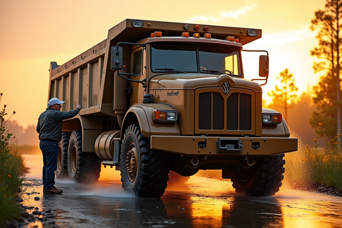 Proprietaire lavant un camion robuste au lever du soleil
