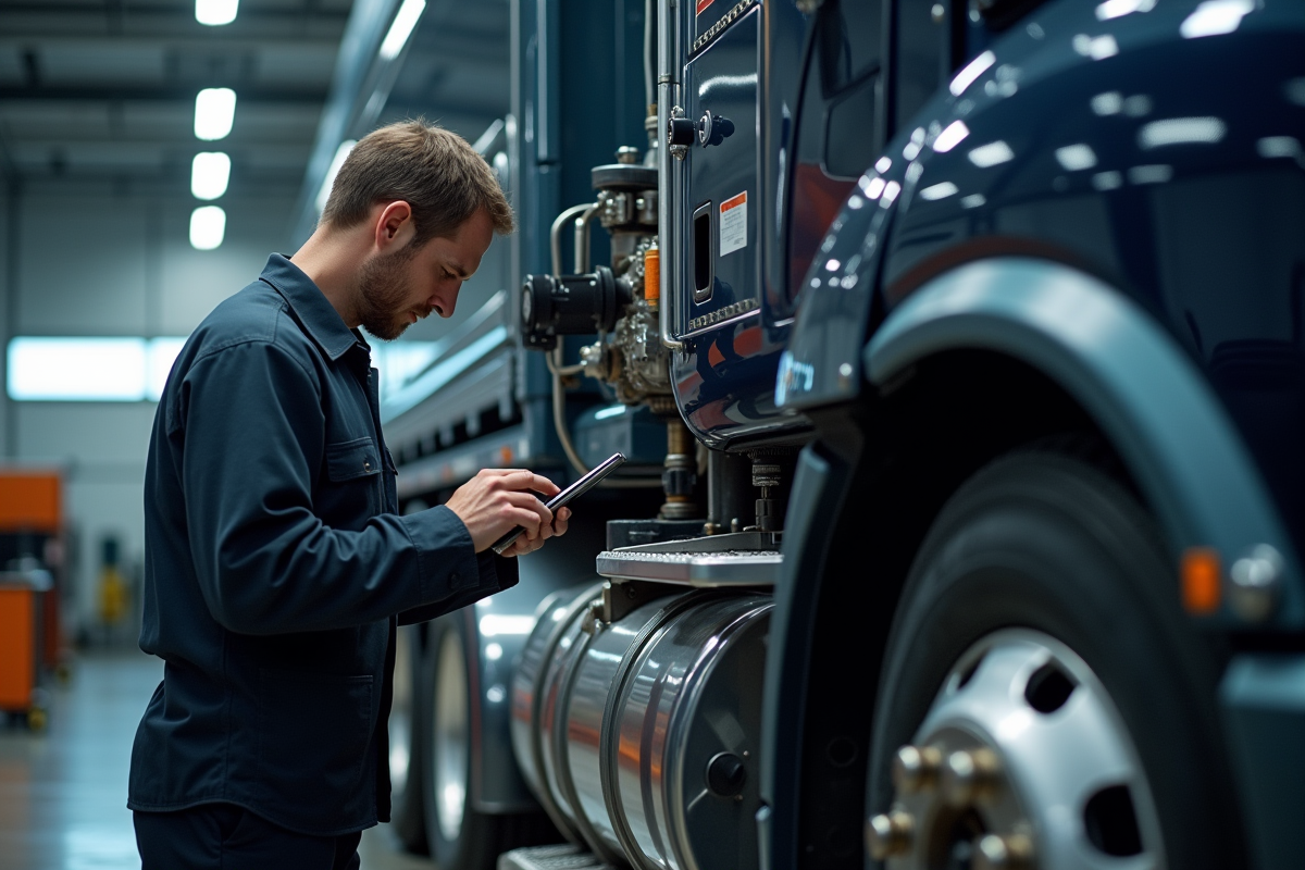 Mecanicien professionnel inspectant un camion dans un garage moderne