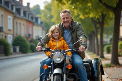 Homme et fille sur une moto avec sidecar dans un quartier résidentiel