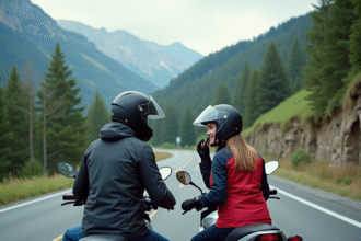Deux motards en conversation sur une route de montagne