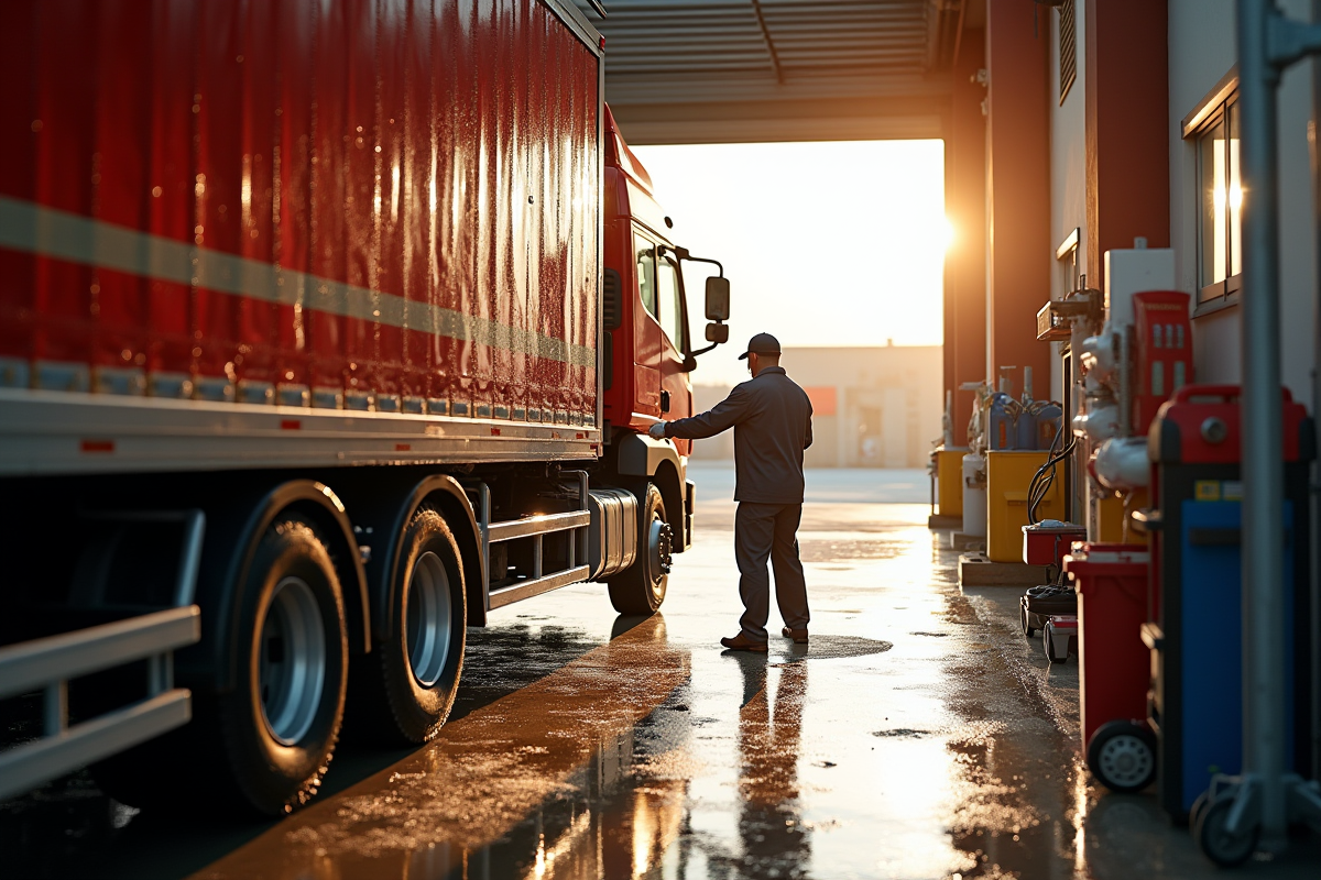 Véhicule de livraison lavé dans un depot en plein soleil