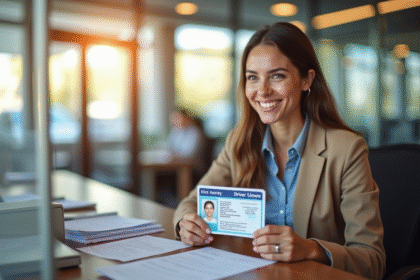 Femme souriante tenant un permis de conduire neuf à un guichet moderne