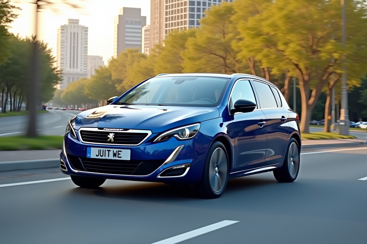Voiture Peugeot 308 GT en conduite urbaine ensoleillée