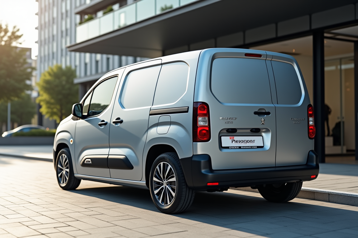 Voiture Peugeot Partner silver devant un bureau moderne