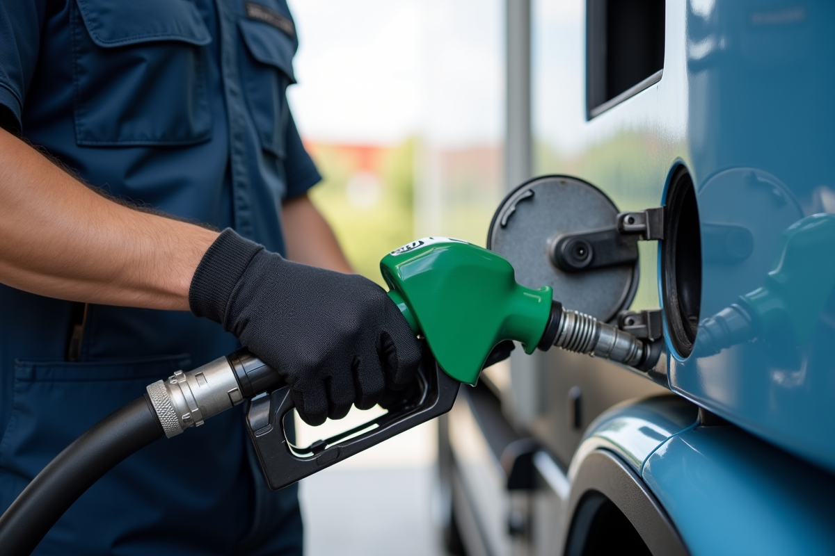 Mecanicien faisant le plein d un vehicule diesel en station
