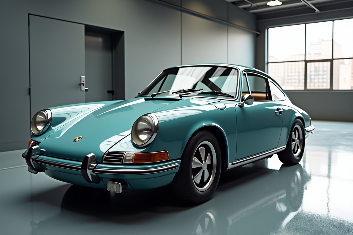 Porsche 911 vintage dans un garage moderne lumineux