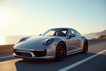 Porsche silver sur route côtière au coucher du soleil
