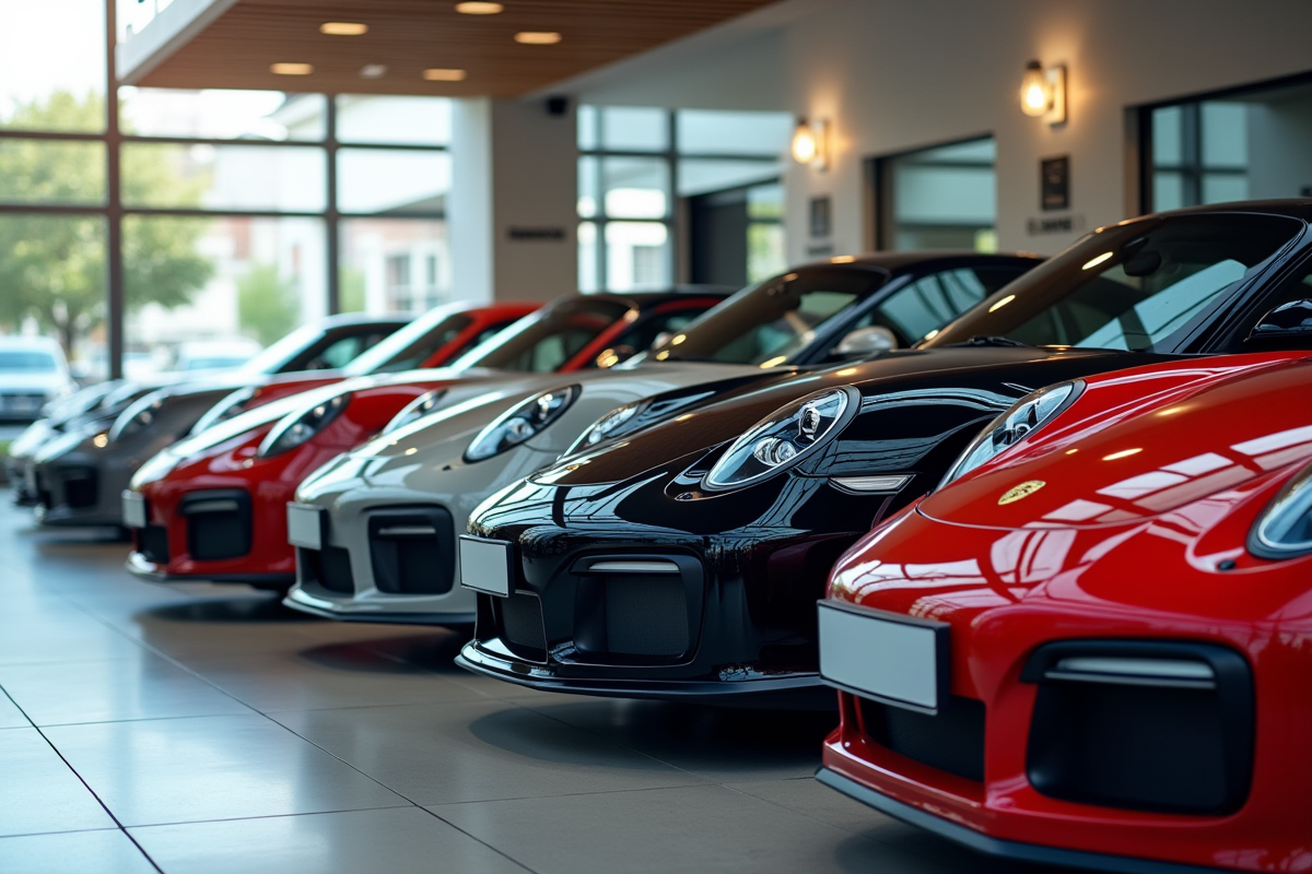 Plusieurs Porsche en concession moderne en ville